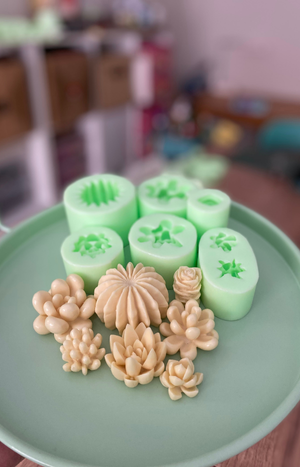 Yeşil silikon kalıplar ve sukulent objeler. Silikon kalıp ürünleri.