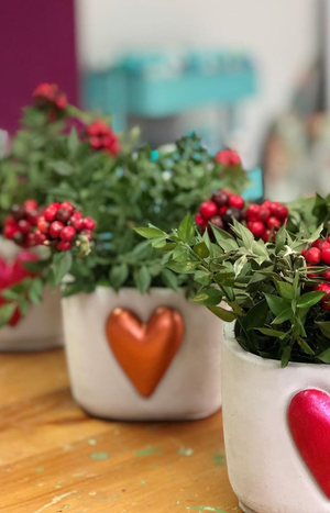 Kalpli saksılarda kırmızı meyveli bitkiler. Silikon kalıp ile üretilmiş saksılar olabilir.