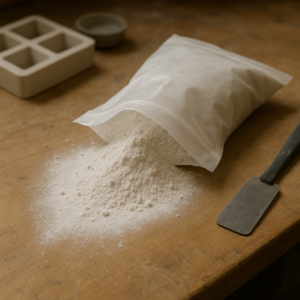 Silikon kalıplar ile taş tozundan obje üretimi için kullanılan taş tozu ve spatula.