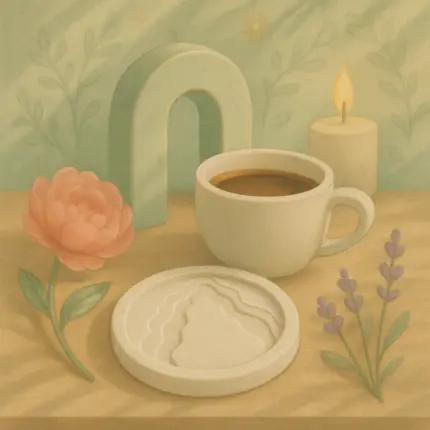 Modern tasarımlı, dekoratif döküm için uygun bardak altlığı silikon kalıbı ve kahve fincanı sunumu.