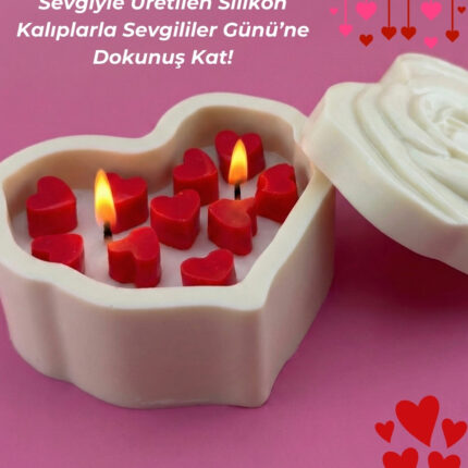 Sevgililer Günü temalı, kalp şeklinde silikon kalıp içinde yanan mumlar. Silikon kalıp satın al.