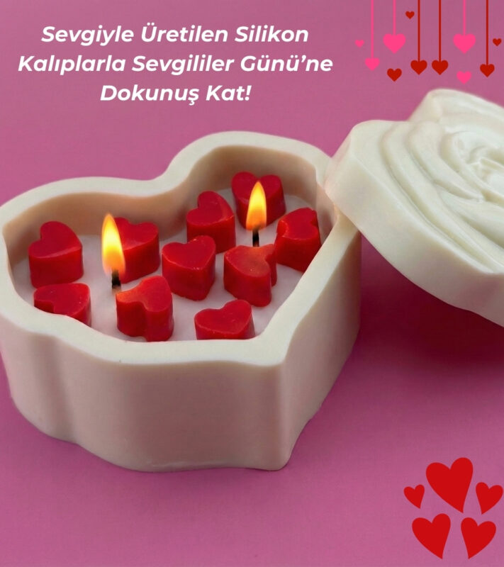 Sevgililer Günü temalı, kalp şeklinde silikon kalıp içinde yanan mumlar. Silikon kalıp satın al.