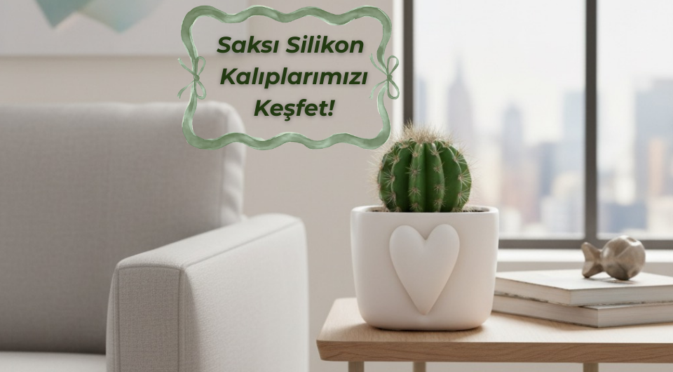 Beton saksı kalıbı ile yapılmış, kalp detaylı saksıda kaktüs. Saksı Silikon Kalıplarımızı Keşfet!