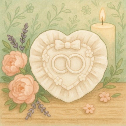 Romantik tasarımlı, üzerinde alyans figürü bulunan kalp şeklinde dekoratif silikon kalıp modeli.