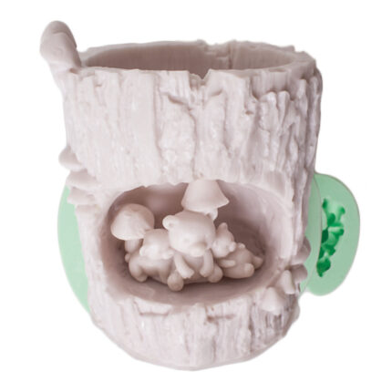 Ayıcıklı kütük saksı silikon kalıp: Orman temalı sevimli ayıcık figürlü 3D kütük saksı kalıbı.