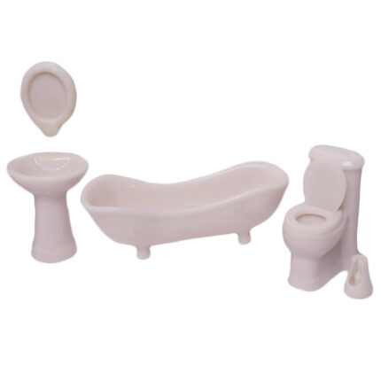 Minyatür banyo seti: küvet, lavabo, klozet ve pisuar. Minyatür banyo dekorasyon seti kalıbı için ideal.