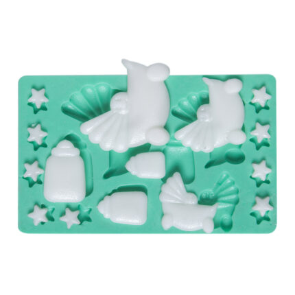 Bebek puseti, biberon ve yıldız desenli silikon kalıp. Bebek arabası biblo yapımı ve biberon reçine süs için ideal.