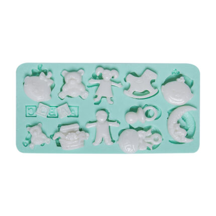 Bebek eşyaları temalı silikon kalıbı: oyuncak ayı, bebek, at, emzik ve ay figürleri.