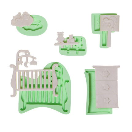 Bebek odası temalı silikon kalıpları: beşik, oyuncak ayı, bulut, şifonyer ve diğer bebek odası dekorasyon objeleri.