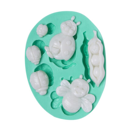 Bezelye ve kanatlılar silikon kalıbı: Uğur böceği, arı ve bezelye figürleri içeren bahçe temalı kalıp.