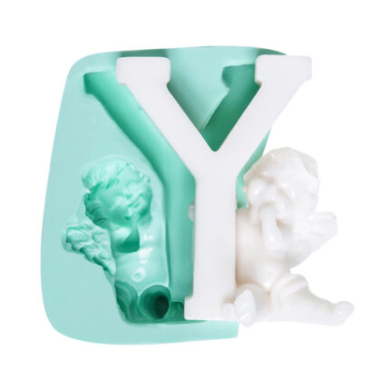 Büyük melekli harf Y silikon kalıbı ve kalıptan çıkmış Y harfi obje.