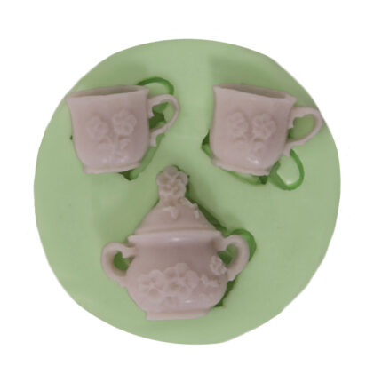 Kurdelya Çay takımı silikon kalıbı: 2 fincan, 1 şekerlik. Mutfak temalı süs veya dekoratif obje yapımı için ideal.