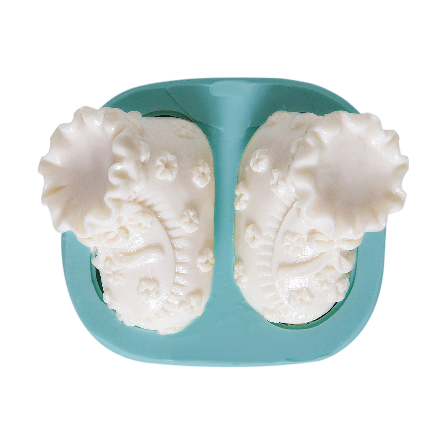 cicek-islemeli-patik-2li-seklinde-silikon-poliuretan-kalibi-kk-0143.jpg Çiçek işlemeli patik 2'li silikon kalıp ile yapılmış bebek patik sabunları.