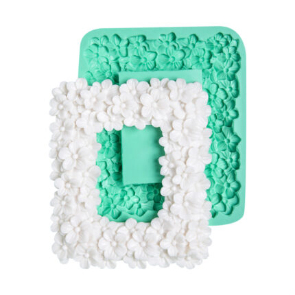 Çiçekli dörtgen çerçeve kalıbı ve beyaz çiçek süslemeli çerçeve. Reçine süsleme için ideal.