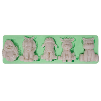 Çiftlik hayvanları 5'li silikon kalıp: Civciv, at, koyun, inek ve su aygırı figürleri.