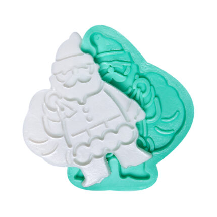 Çuvallı Noel Baba silikon kalıbı ve kalıptan çıkarılmış Noel Baba figürü. Yılbaşı süsü yapımı için ideal.