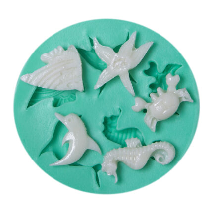 Deniz canlıları silikon kalıbı: yunus, deniz yıldızı, denizatı ve yengeç figürleri içeren deniz temalı kalıp.