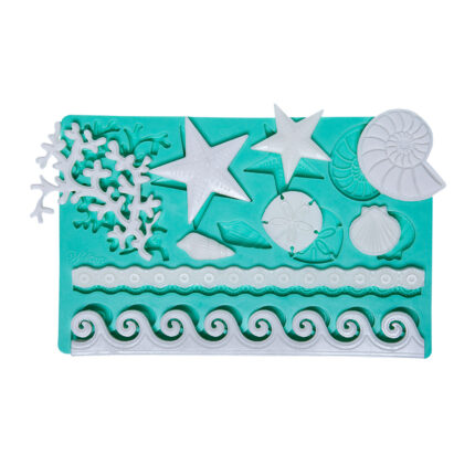Deniz temalı silikon kalıbı: deniz yıldızı, deniz kabukları, mercan ve bordür desenleri. Sahil konsepti süs yapımı için ideal.