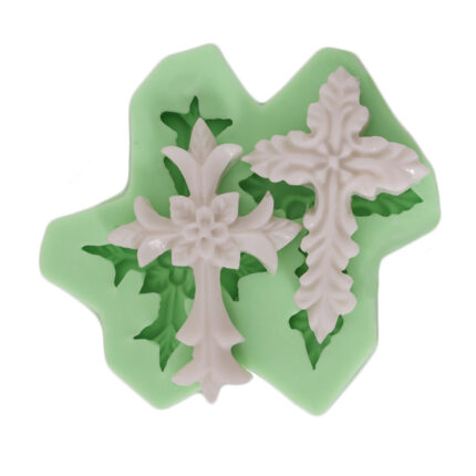 Desenli haç ikili silikon kalıp modeli, dini süs yapımı için ideal. İkili haç silikon kalıp.