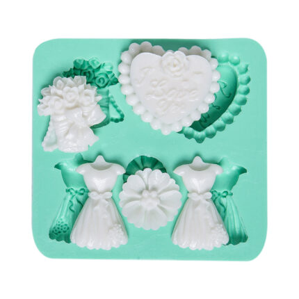 Düğün temalı objeler silikon kalıbı: gelinlik, çiçek buketi, kalp şeklinde "I Love You" yazılı obje.