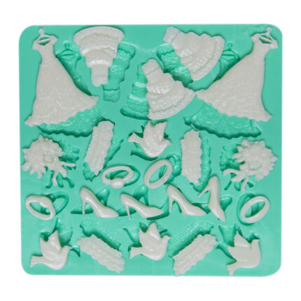 Düğün temalı silikon kalıbı: gelinlik, yüzük, ayakkabı, güvercin figürleri. Düğün dekorasyonu ve hediye yapımı için ideal.