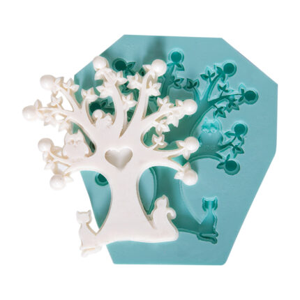 Elma ağacı silikon kalıbı: Bahçe temalı dekorasyon için ideal, kedi ve baykuş figürlü.