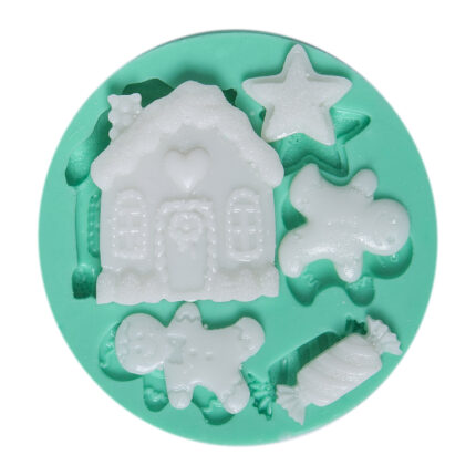 Zencefilli kurabiye adam, ev, yıldız ve şeker figürlü yılbaşı temalı silikon döküm kalıbı.