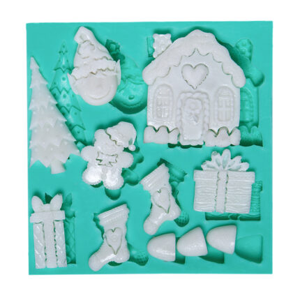 Yılbaşı temalı Gingerman silikon kalıbı: Noel ağacı, ev, hediye, çorap ve kardan adam figürleri içeriyor.