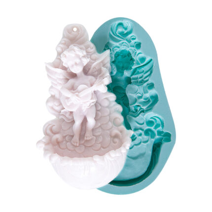 Gitarlı melek saksı silikon kalıbı ve dökümden elde edilmiş melek figürü. Müzik temalı dini süs yapımı için ideal.