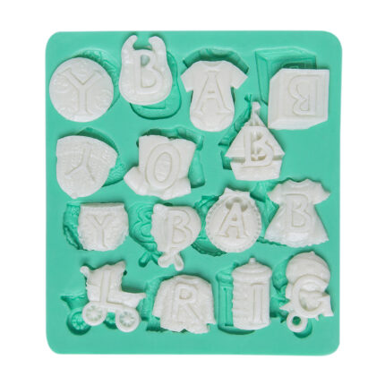 Harfli bebek eşyaları silikon kalıbı: bebek biblosu, elbise, oyuncak blok ve diğer bebek temalı şekiller.