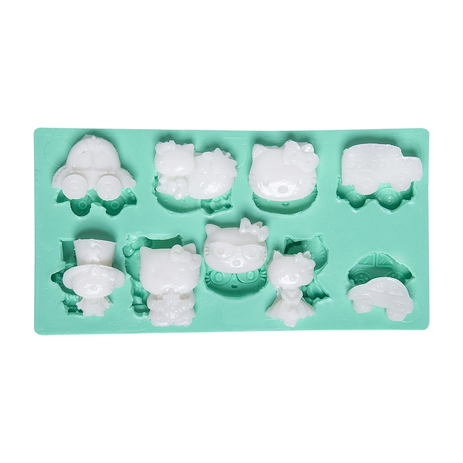 hello-kitty-temali-silikon-sabun-kalibi-kk-1082.jpg Hello Kitty temalı silikon kalıbı: Araba ve Hello Kitty figürleri içeren döküm kalıbı.