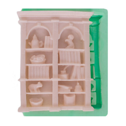 İki bölmeli kitaplık silikon kalıbı: Minyatür mobilya koleksiyonu için ideal, detaylı tasarım.