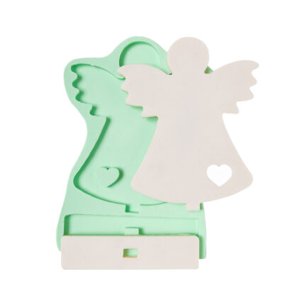 Kalp detaylı melek ayaklıklı silikon kalıbı (17x21x1cm), dini süs/sabun yapımı için ideal.