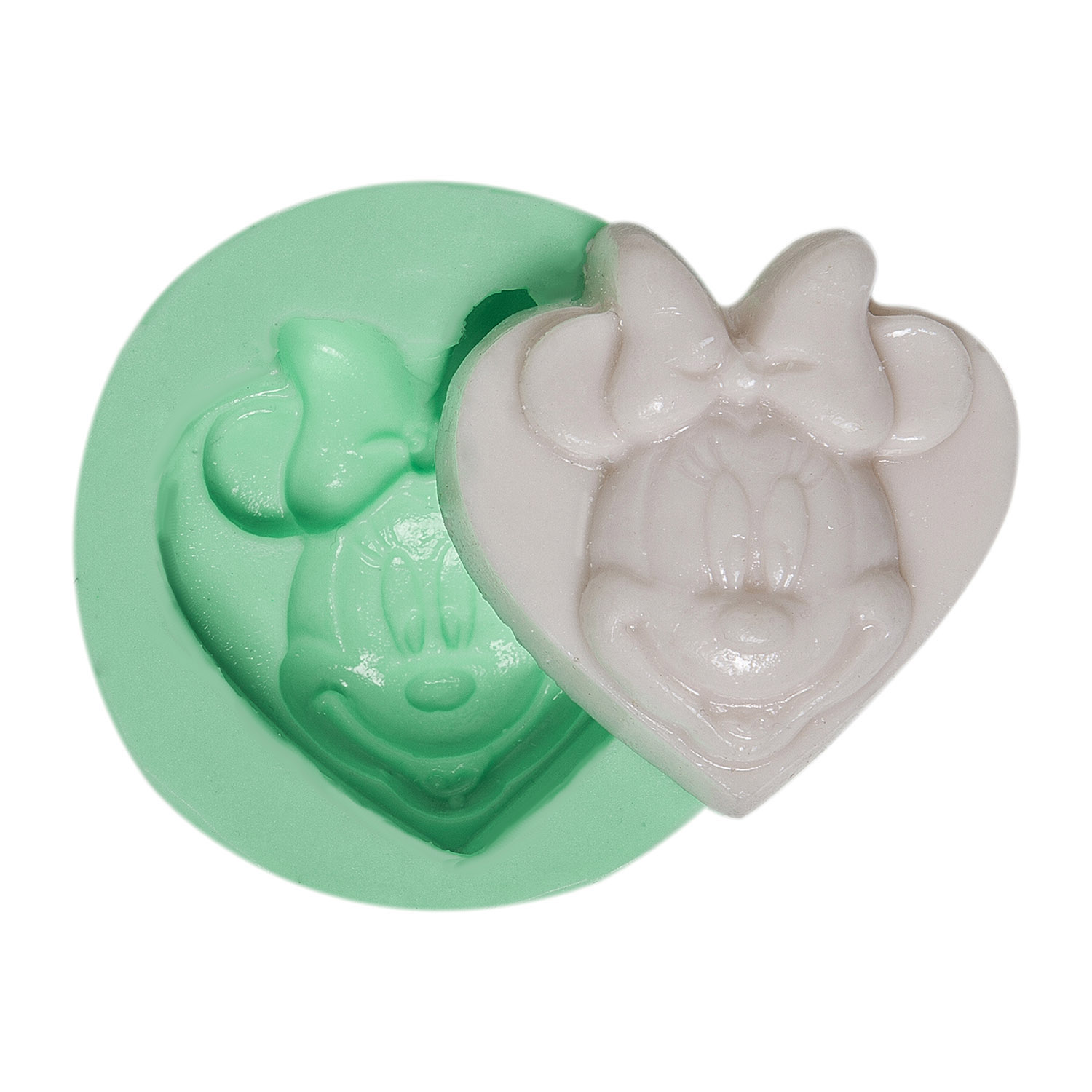 kalp-ustunde-minnie-mouse-figurlu-silikon-alci-kalibi-kk-1347.jpg Kalp üstünde Minnie Mouse silikon kalıbı ve dökülmüş sabun örneği.