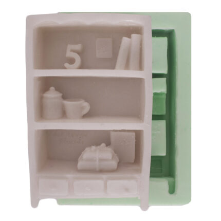 Kitaplık silikon kalıbı: Minyatür kitaplık, "5" rakamı, kitaplar ve dekoratif objeler içeren detaylı tasarım.