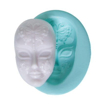 Küçük maske silikon kalıbı ve kalıptan çıkmış maskara temalı sabun. Dekoratif obje yapımı için ideal.