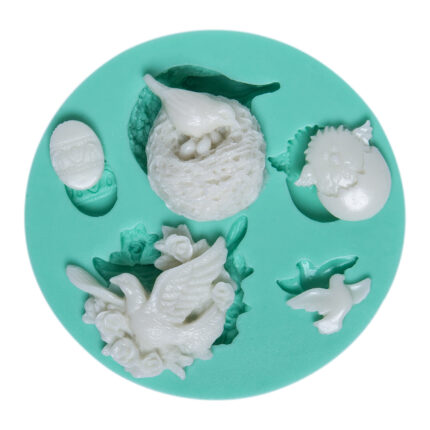 Kuş temalı silikon kalıbı: Kuş, yuva, yumurta, güvercin figürleri içeren döküm kalıbı.