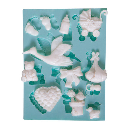 Leylekler getirdi silikon kalıbı: bebek temalı objeler için kalıp. Bebek arabası, ayak izi, leylek figürleri içerir.