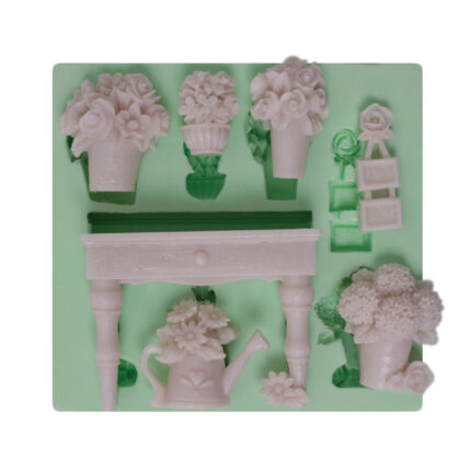Masa ve küçük saksıda çiçekler silikon kalıp modeli. Minyatür bahçe için dekoratif saksı silikon kalıp.