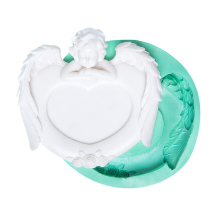 Melekli kalpli çerçeve kalıbı: Aşk ve ruhani temalı silikon kalıp modeli. Kalp detaylı melek biblo yapımı için ideal.