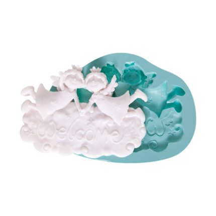 Melekli "Welcome" silikon kalıbı: kapı süsü, sabun, takı veya özel hediye yapımı için ideal.