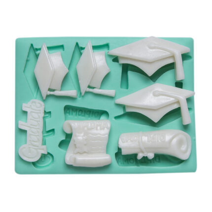 Mezuniyet temalı silikon kalıbı: kep, diploma, "Graduate" yazısı. Mezuniyet hediyesi yapımı için ideal.