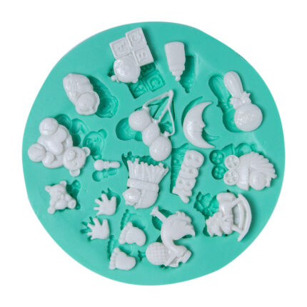 Minik bebek objeleri silikon kalıbı: bebek şekeri süsü yapımı için ayıcık, emzik, bebek arabası ve daha fazlası.