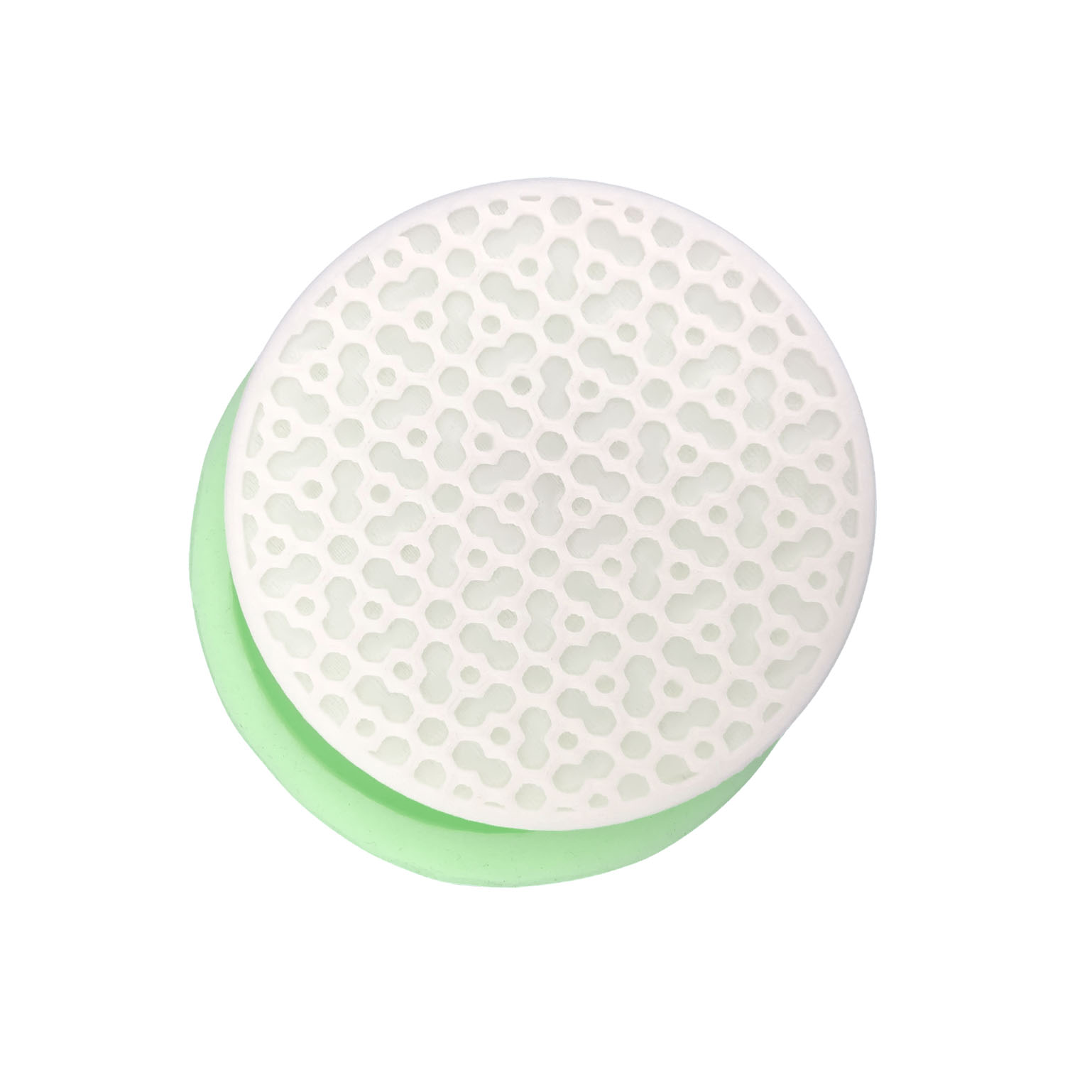 model-16-yuvarlak-bardak-altligi-seklinde-silikon-alci-kalibi-kk-2146.jpg Model-16 yuvarlak bardak altlığı silikon kalıp: Beyaz desenli yuvarlak kalıp, yeşil tabanlı.