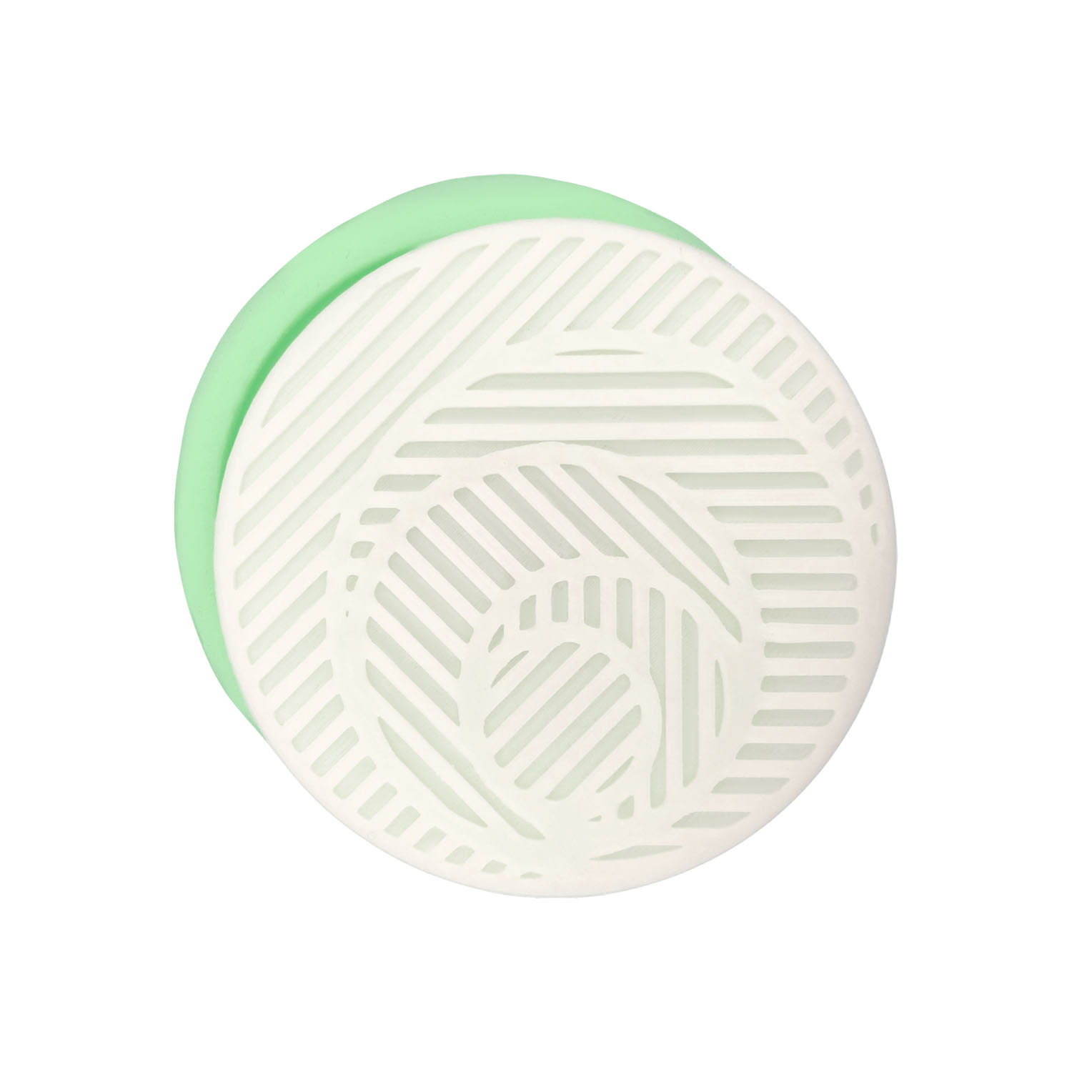 model-19-yuvarlak-bardak-altligi-seklinde-silikon-sabun-kalibi-kk-2149.jpg Model-19 yuvarlak bardak altlığı silikon kalıp. Desenli beyaz yuvarlak kalıp ve yeşil taban.