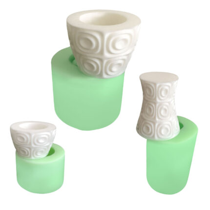 Model-3 geometrik desenli set silikon kalıp ve kalıplardan çıkan geometrik desenli saksı ve mumluklar.