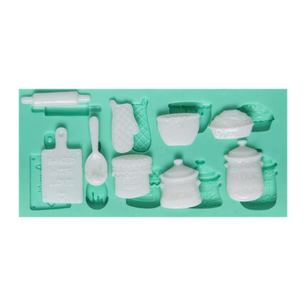 Kurdelya nostaljik mutfak eşyaları figürlü silikon kalıp modeli. Mutfak temalı sabun kalıbı. Yemek malzemeleri set kalıbı.