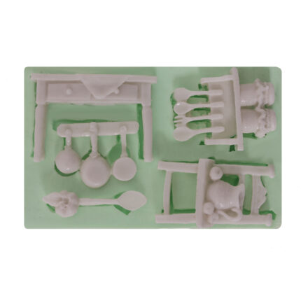 Mutfak takımı silikon kalıbı: Minyatür mutfak eşyaları döküm kalıbı (masa, sandalye, tencere, kaşık, çatal)