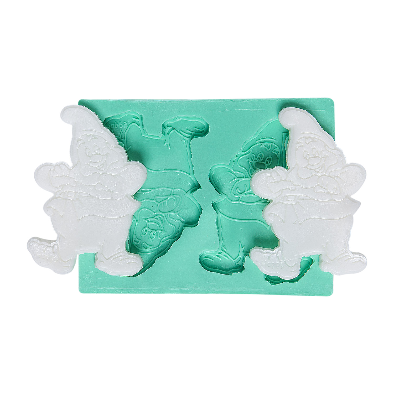 mutlu-cuce-figurlu-silikon-sabun-kalibi-kk-0989.jpg Kurdelya Neşeli Mutlu Cüce silikon kalıp modeli ve dökülmüş iki cüce figürü.