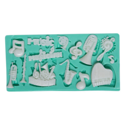 Müzik aşkı temalı silikon kalıbı: müzik aletleri ve notaları içeren dekoratif obje yapımı için ideal.